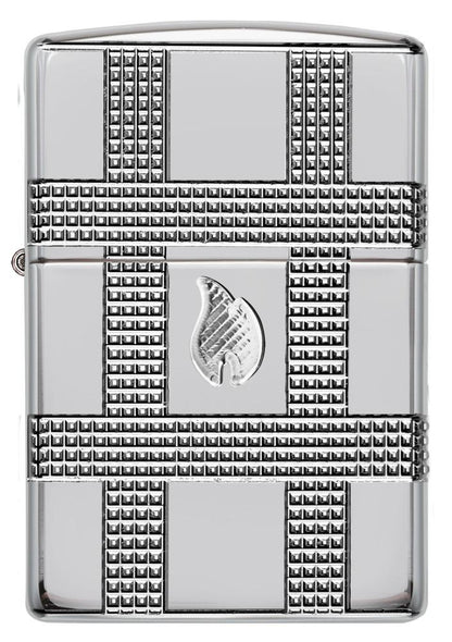 Back view of Geometric Design High Polish Chrome Windproof Lighter