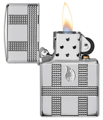 Geometric Design High Polish Chrome Windproof Lighter with its lid open and lit