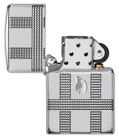 Geometric Design High Polish Chrome Windproof Lighter with its lid open and unlit