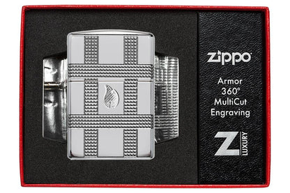 Geometric Design High Polish Chrome Windproof Lighter in its packaging