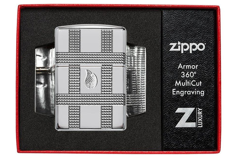 Geometric Design High Polish Chrome Windproof Lighter in its packaging