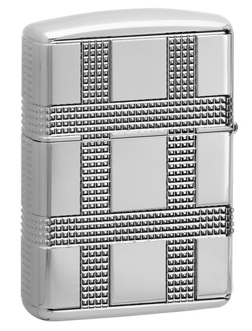 Back view of Geometric Design High Polish Chrome Windproof Lighter standing at a 3/4 angle
