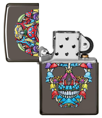 Mushroom Skull Design Black Ice Windproof Lighter with its lid open and not lit