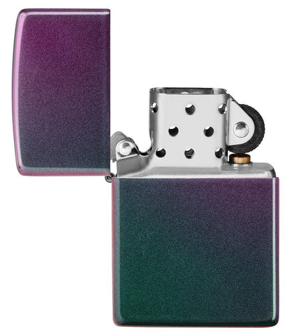 Iridescent windproof lighter with the lid open and not lit