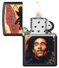 Bob Marley black matte windproof lighter with the lid open and lit