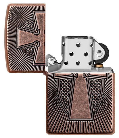 Armor Deep Carve Cross Design Antique Copper Windproof Lighter with its lid open and not lit