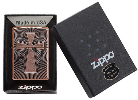 Armor Deep Carve Cross Design Antique Copper Windproof Lighter in packaging
