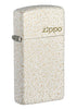 Front shot of Slim Mercury Glass Zippo Logo Windproof Lighter standing at a 3/4 angle 