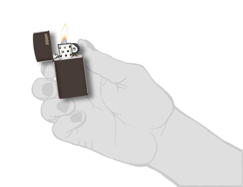 Slim Brown Zippo Logo Windproof Lighter lit in hand