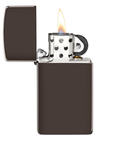 Slim Brown Windproof Lighter with its lid open and lit