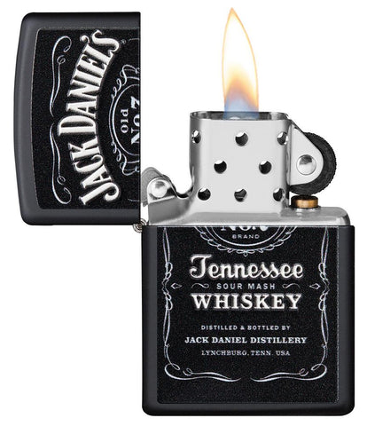 Jack Daniel's® Texture Print Black Matte Windproof Lighter with its lid open and lit