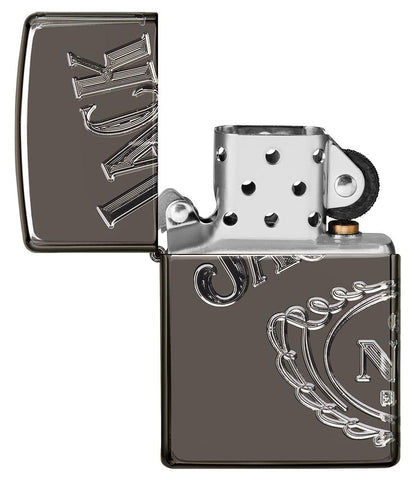 Jack Daniel's® Armor® High Polish Black Ice® Windproof Lighter with its lid open and unlit