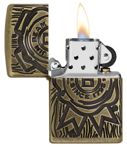 Jim Beam® Armor® Antique Brass Windproof Lighter with its lid open and lit