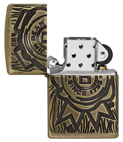 Jim Beam® Armor® Antique Brass Windproof Lighter with its lid open and unlit