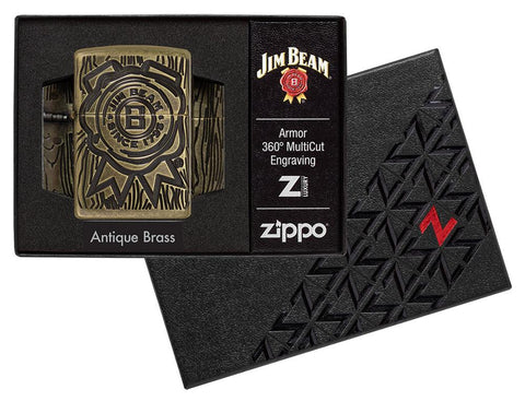 Jim Beam® Armor® Antique Brass Windproof Lighter in its packaging