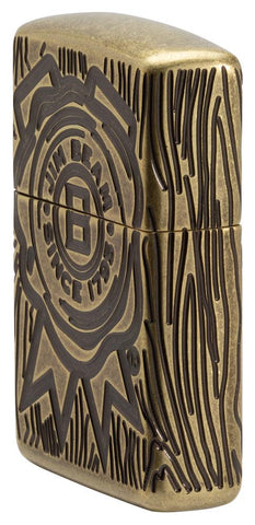 Jim Beam® Armor® Antique Brass Windproof Lighter standing at an angle showing the front and right side of the lighter