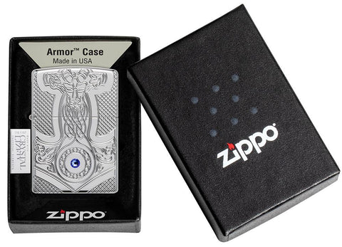 Medieval Design Armor® High Polish Chrome Windproof Lighter in its packaging