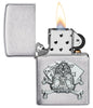 Card Skull Emblem Design Windproof Lighter with its lid open and lit