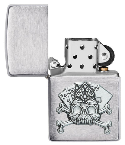 Card Skull Emblem Design Windproof Lighter with its lid open and unlit
