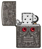 Crystal Skull Design Armor® High Polish Black Ice Windproof Lighter with its lid open and unlit