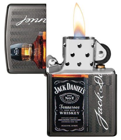 Jack Daniel's® Logo and Bottle Gray Windproof Lighter with its lid open and lit