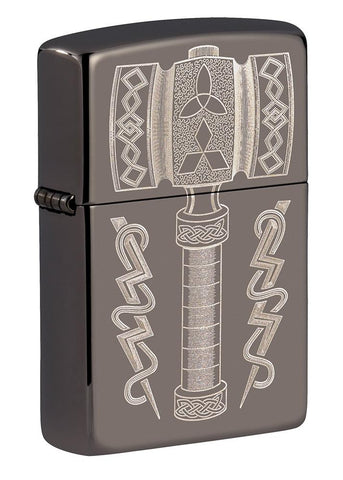 Front shot of Thor's Hammer Design Black Ice® Windproof Lighter standing at a 3/4 angle