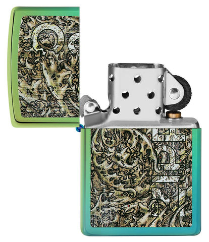 Zippo Design High Polish Teal Windproof Lighter with its lid open and unlit