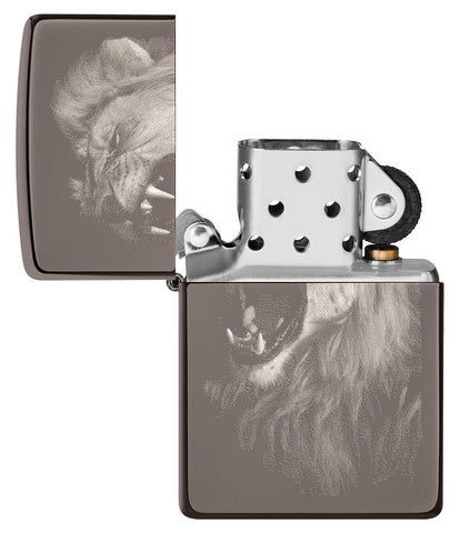 Lion Design Black Ice® Photo Image Windproof Lighter with its lid open and unlit