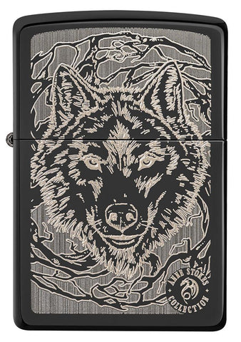 Front of Anne Stokes Wolf High Polish Black Windproof Lighter