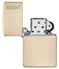 Front view of the Classic Flat Sand Zippo Logo pocket lighter open and unlit