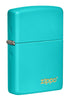 Front shot of Classic Flat Turquoise Zippo Logo Windproof Lighter standing at a 3/4 angle