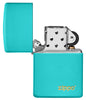 Classic Flat Turquoise Zippo Logo Windproof Lighter with its lid open and unlit