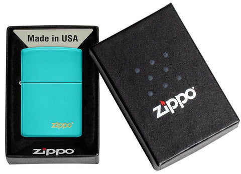Classic Flat Turquoise Zippo Logo Windproof Lighter in its packaging