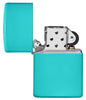Classic Flat Turquoise Windproof Lighter with its lid open and unlit