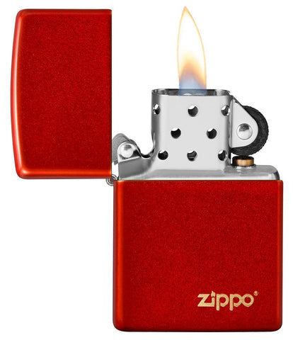 Classic Metallic Red Matte Zippo Logo Windproof Lighter with its lid open and lit