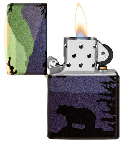 Bear Landscape Design 540 Color Windproof Lighter with its lid open and lit