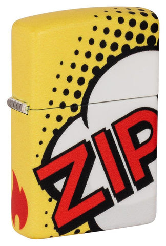 Front shot of Zippo Pop Art Design 540 Color Windproof Lighter standing at a 3/4 angle