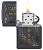 Zippo Filigree Design Black Matte Windproof Lighter with its lid open and lit