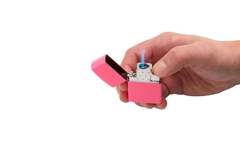 Single Torch Butane Lighter Insert in pink case in hand and lit